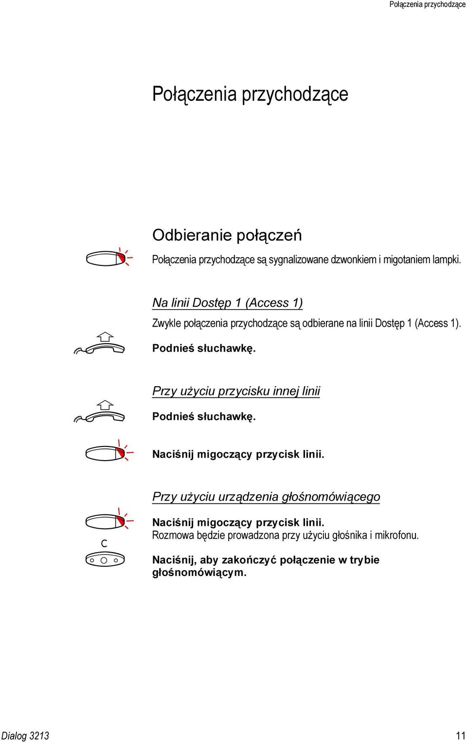 Przy użyciu przycisku innej linii Podnieś słuchawkę. }h Naciśnij migoczący przycisk linii.