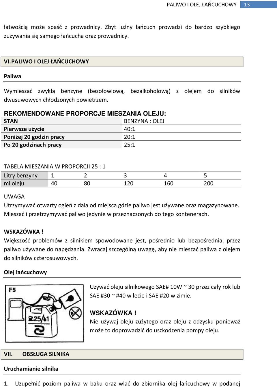 REKOMENDOWANE PROPORCJE MIESZANIA OLEJU: STAN BENZYNA : OLEJ Pierwsze użycie 40:1 Poniżej 20 godzin pracy 20:1 Po 20 godzinach pracy 25:1 TABELA MIESZANIA W PROPORCJI 25 : 1 Litry benzyny 1 2 3 4 5
