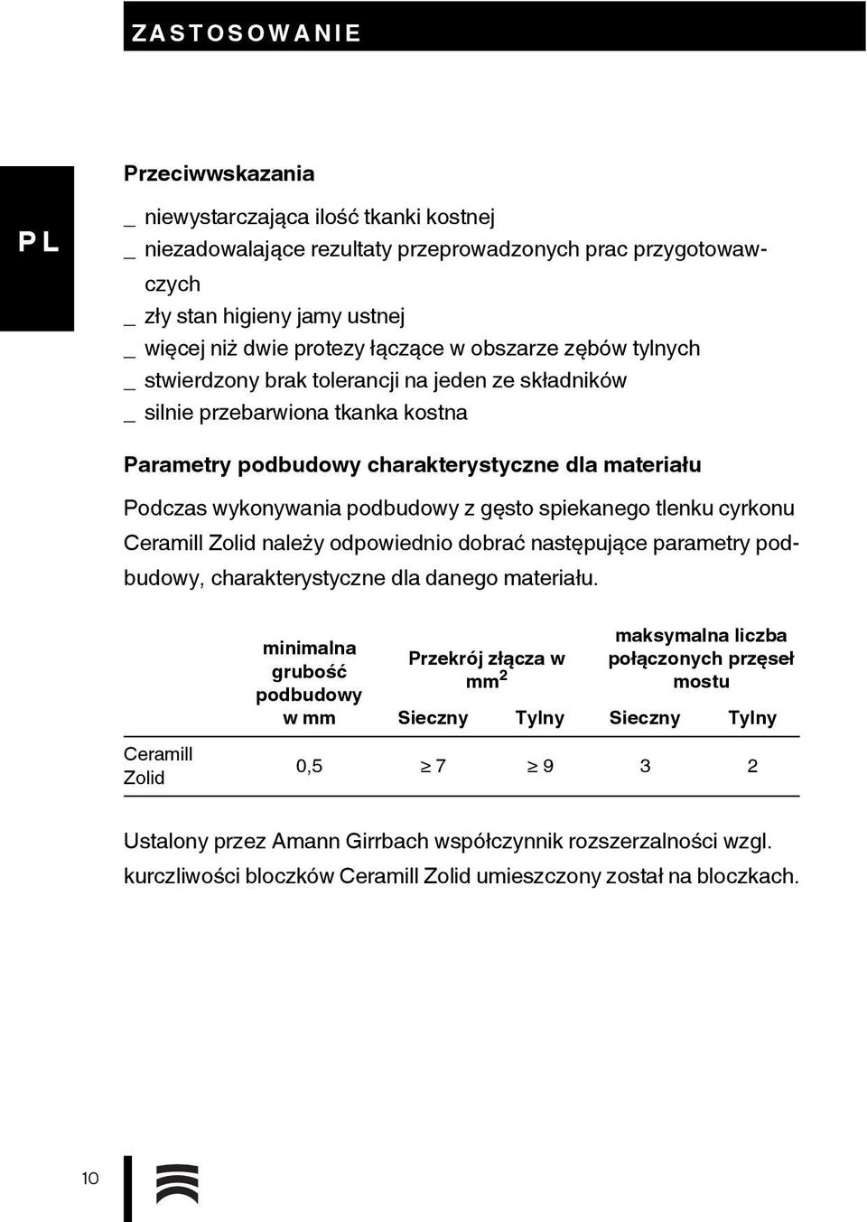 gęsto spiekanego tlenku cyrkonu Ceramill Zolid należy odpowiednio dobrać następujące parametry podbudowy, charakterystyczne dla danego materiału.