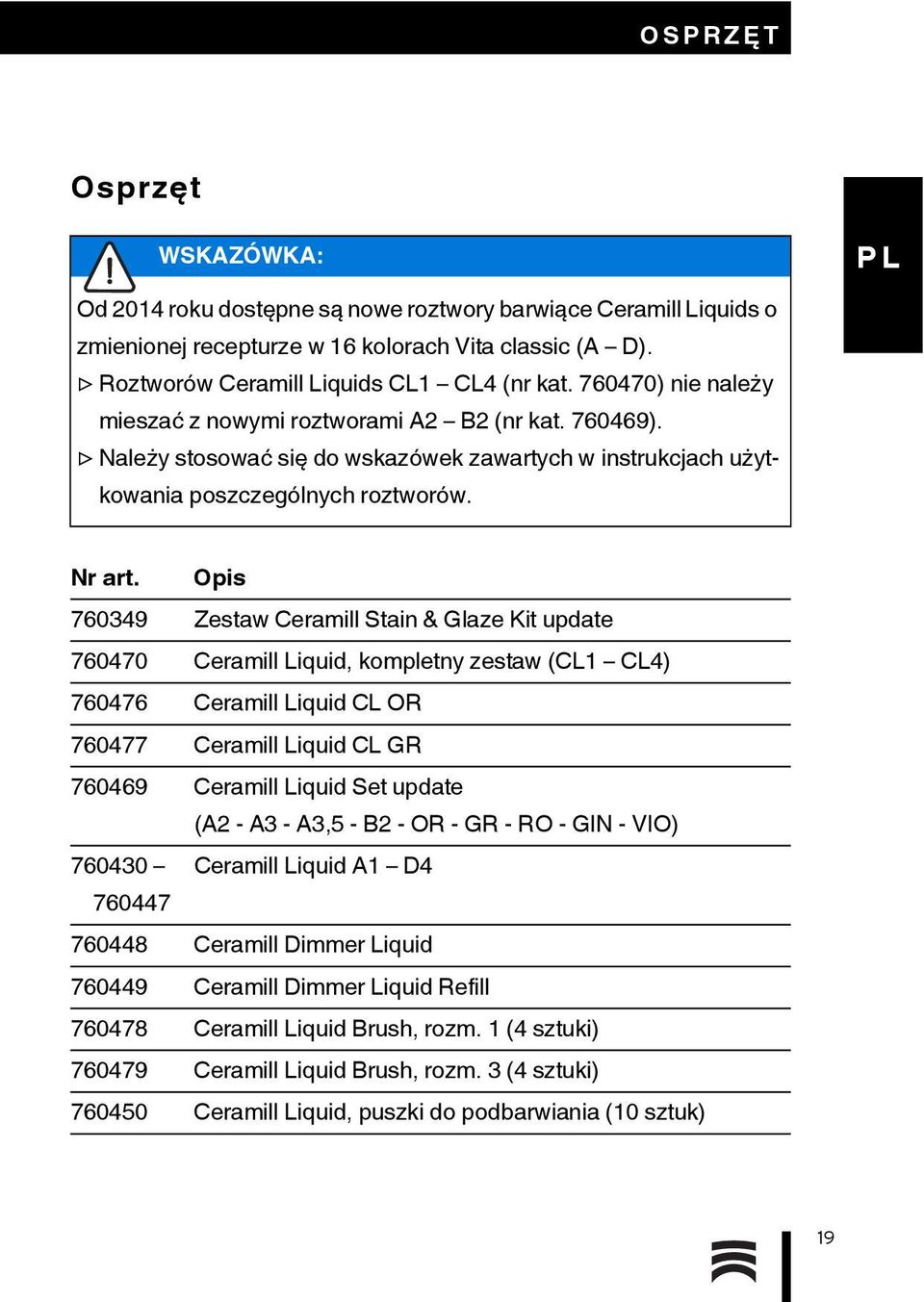Opis 760349 Zestaw Ceramill Stain & Glaze Kit update 760470 Ceramill Liquid, kompletny zestaw (CL1 CL4) 760476 Ceramill Liquid CL OR 760477 Ceramill Liquid CL GR 760469 Ceramill Liquid Set update (A2