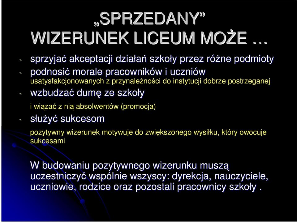 absolwentów (promocja) - słuŝyć sukcesom pozytywny wizerunek motywuje do zwiększonego wysiłku, który owocuje sukcesami W