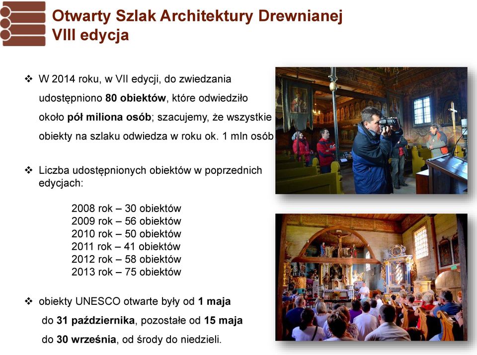 1 mln osób Liczba udostępnionych obiektów w poprzednich edycjach: 2008 rok 30 obiektów 2009 rok 56 obiektów 2010 rok 50 obiektów