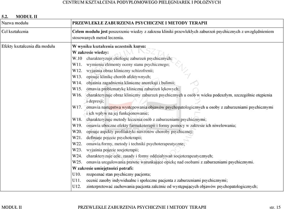 wymienia elementy oceny stanu psychicznego; W12. wyjaśnia obraz kliniczny schizofrenii; W13. opisuje klinikę chorób afektywnych; W14. objaśnia zagadnienia kliniczne anoreksji i bulimii; W15.