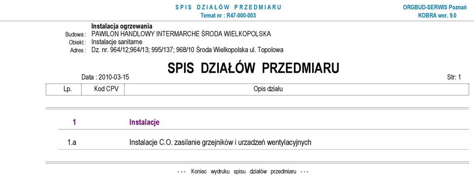 Topolowa SPIS DZIAŁÓW PRZEDMIARU Data : 2010-03-15 Str: 1 Lp. Kod CPV Opis działu 1 Instalacje 1.