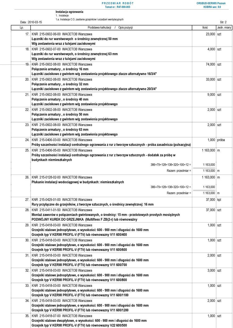 KNR 215-0602-08-00 WACETOB Warszawa 74,000 szt Połączenie armatury, o średnicy 16 mm Łączniki zaciskowe z gwintem w/g zestawienia projektowego złacze alternatywne 16/3/4" 20.