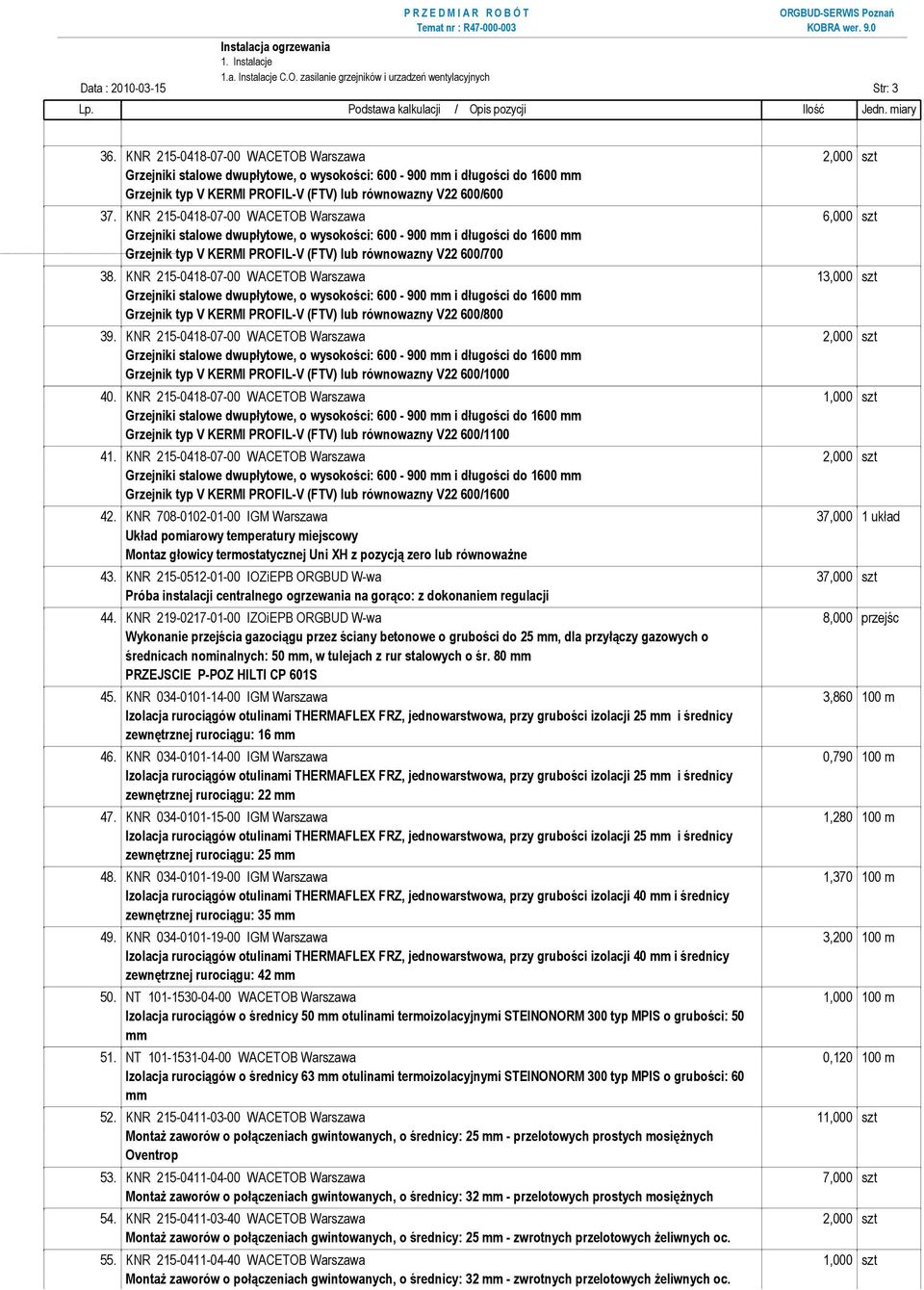 KNR 215-0418-07-00 WACETOB Warszawa 13,000 szt Grzejnik typ V KERMI PROFIL-V (FTV) lub równowazny V22 600/800 39.