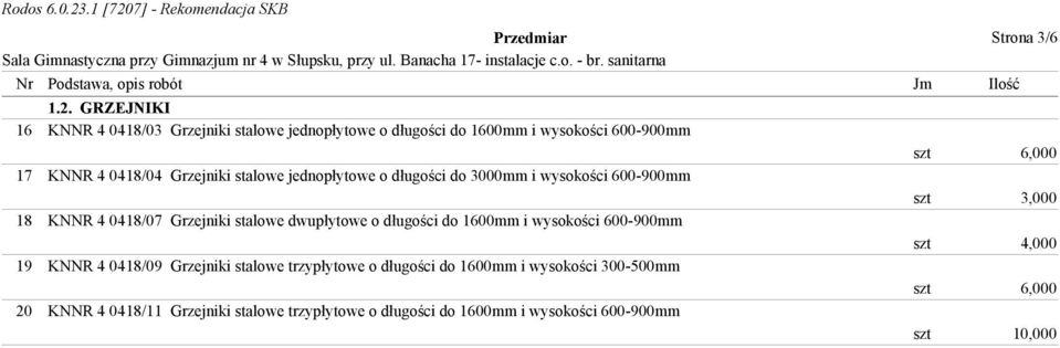 stalowe jednopłytowe o długości do 3000mm i wysokości 600-900mm 18 KNNR 4 0418/07 Grzejniki stalowe dwupłytowe o długości do 1600mm i