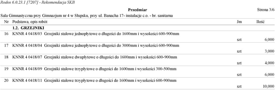 stalowe jednopłytowe o długości do 3000mm i wysokości 600-900mm 18 KNNR 4 0418/07 Grzejniki stalowe dwupłytowe o długości do 1600mm i