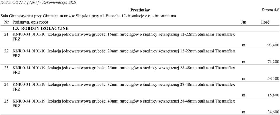 jednowarstwowa grubości 20mm rurociągów o średnicy zewnętrznej 12-22mm otulinami Thermaflex 23 KNR 0-34 0101/19 Izolacja jednowarstwowa grubości 25mm rurociągów o średnicy