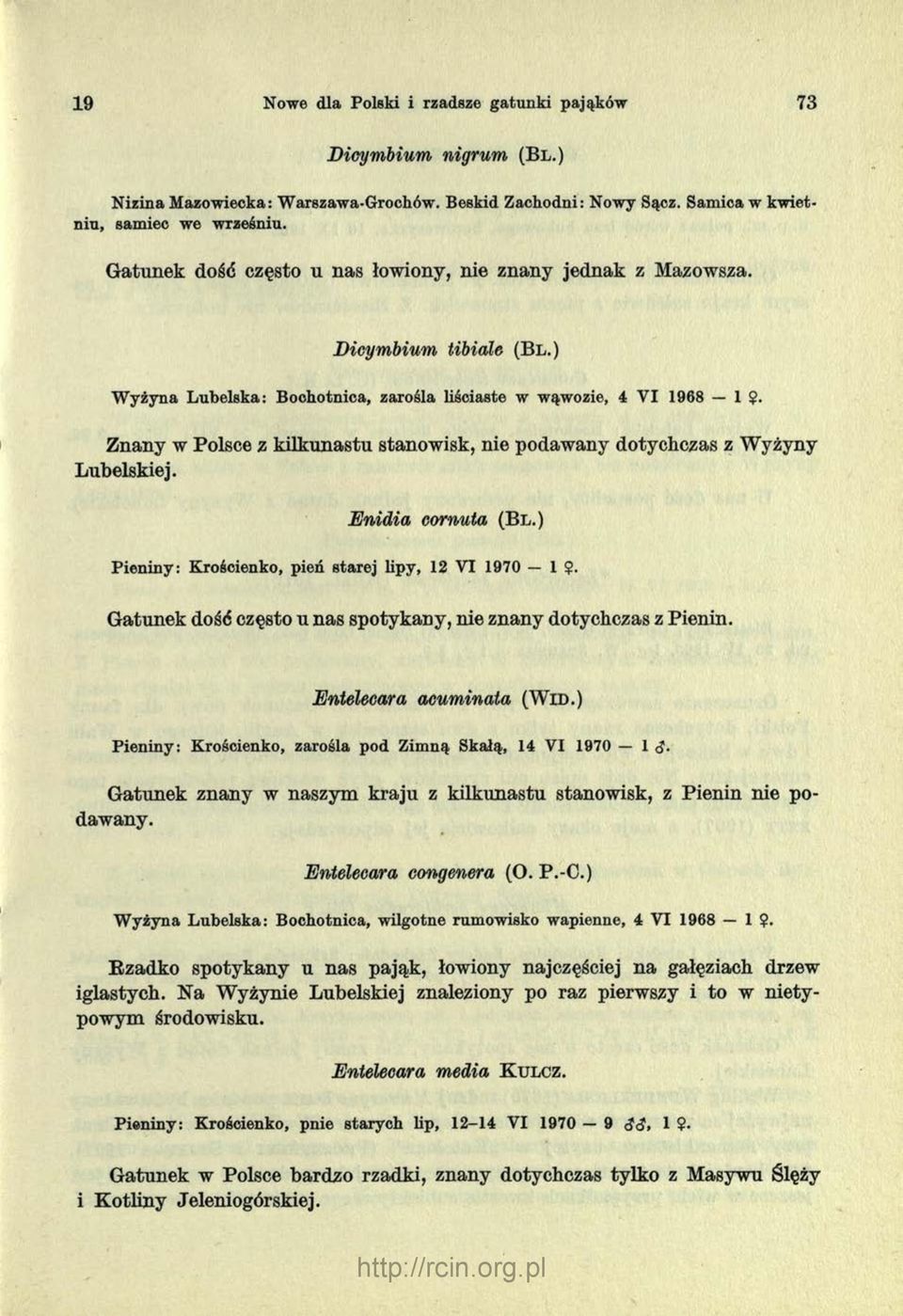 . Znany w Polsce z kilkunastu stanowisk, nie podawany dotychczas z Wyżyny Lubelskiej. Enidia cornuta (B l.) Pieniny: Krościenko, pień starej lipy, 12 VI 1970 1?