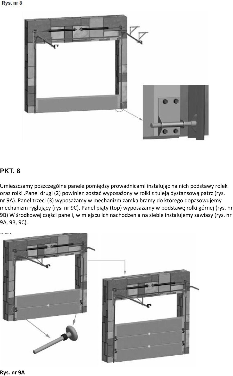 Panel trzeci (3) wyposażamy w mechanizm zamka bramy do którego dopasowujemy mechanizm ryglujący (rys. nr 9C).