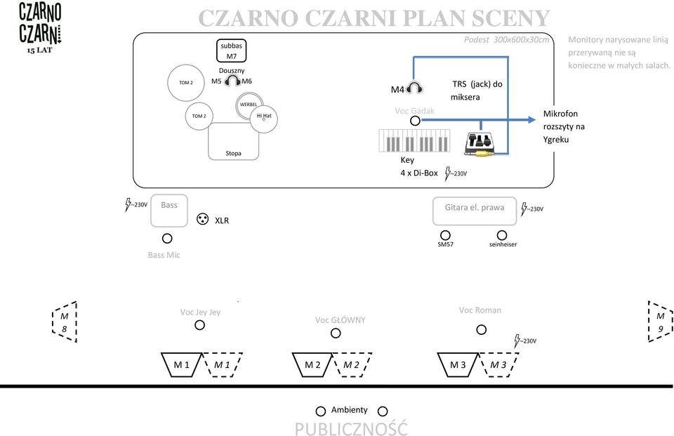 narysowane linią przerywaną nie są konieczne w małych salach. Bass XLR Gitara el.