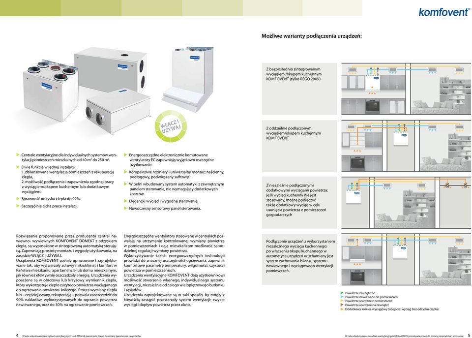 zbilansowana wentylacja pomieszczeń z rekuperacją ciepła, 2. możliwość podłączenia i zapewnienia zgodnej pracy z wyciągiem/okapem kuchennym lub dodatkowym wyciągiem. odzysku ciepła do 92%.