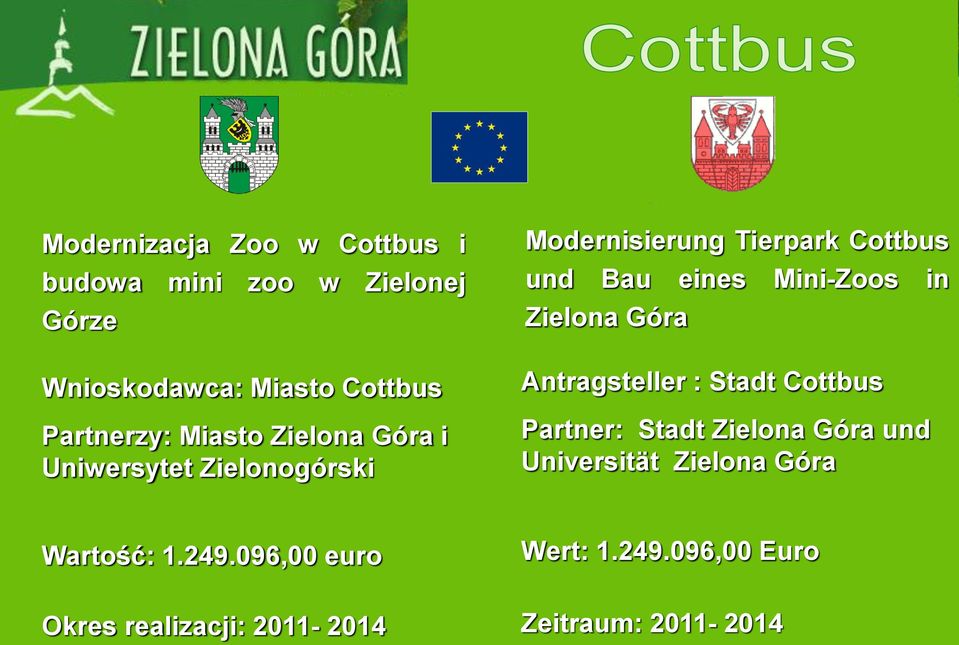 Mini-Zoos in Zielona Góra Antragsteller : Stadt Cottbus Partner: Stadt Zielona Góra und Universität