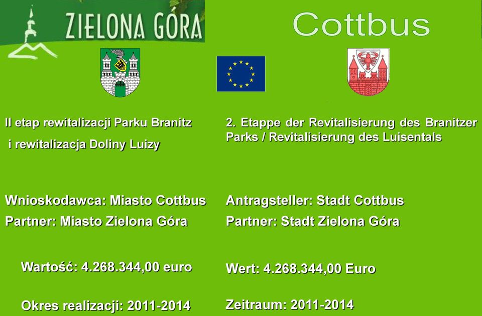 Wnioskodawca: Miasto Cottbus Partner: Miasto Zielona Góra Antragsteller: Stadt Cottbus