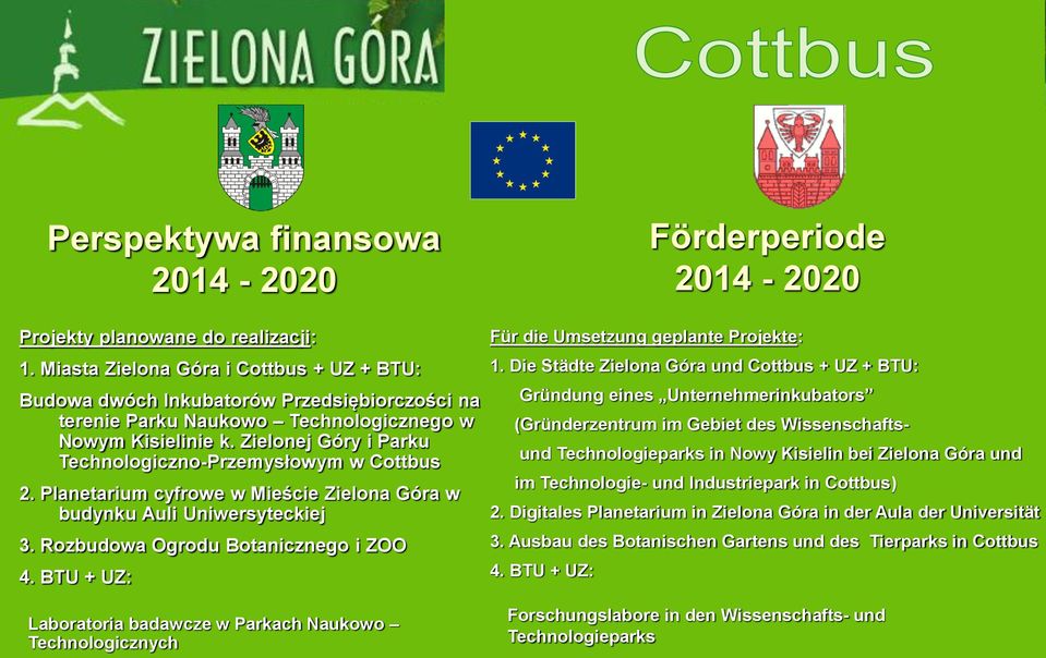 Zielonej Góry i Parku Technologiczno-Przemysłowym w Cottbus 2. Planetarium cyfrowe w Mieście Zielona Góra w budynku Auli Uniwersyteckiej 3. Rozbudowa Ogrodu Botanicznego i ZOO 4.