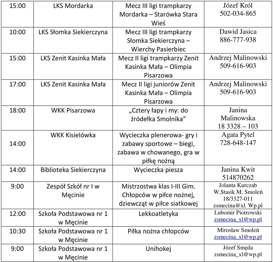 Smolnika 14:00 WKK Kisielówka Wycieczka plenerowa- gry i zabawy sportowe biegi, zabawa w chowanego, gra w piłkę nożną Józef Król Dawid Jasica 886-777-938 Janina Agata Pytel 728-648-147 14:00