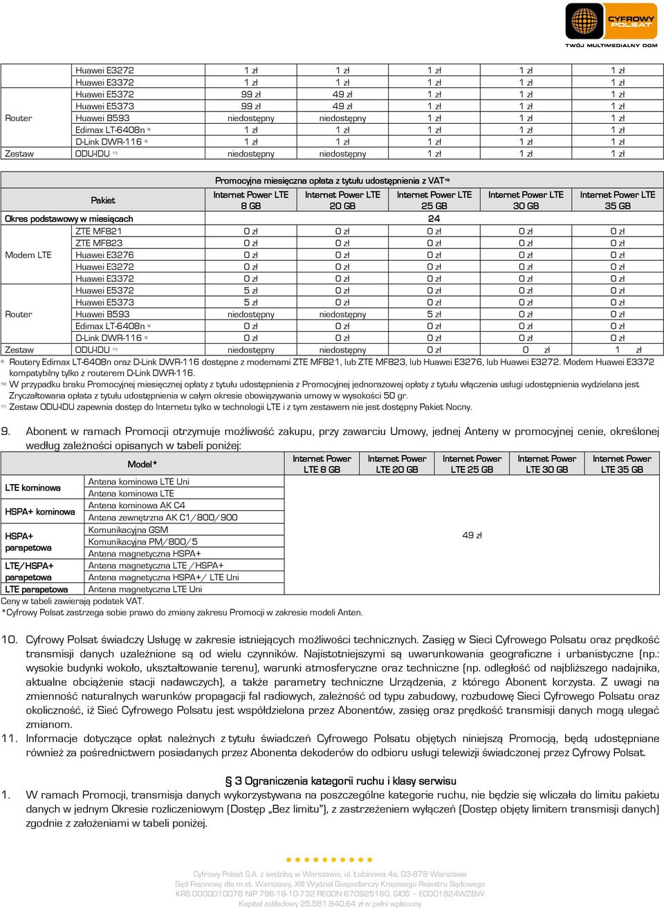 udostępnienia z VAT 10) Pakiet 8 GB 20 GB 25 GB 30 GB 35 GB Okres podstawowy w miesiącach 24 ZTE MF821 0 zł 0 zł 0 zł 0 zł 0 zł ZTE MF823 0 zł 0 zł 0 zł 0 zł 0 zł Modem LTE Huawei E3276 0 zł 0 zł 0