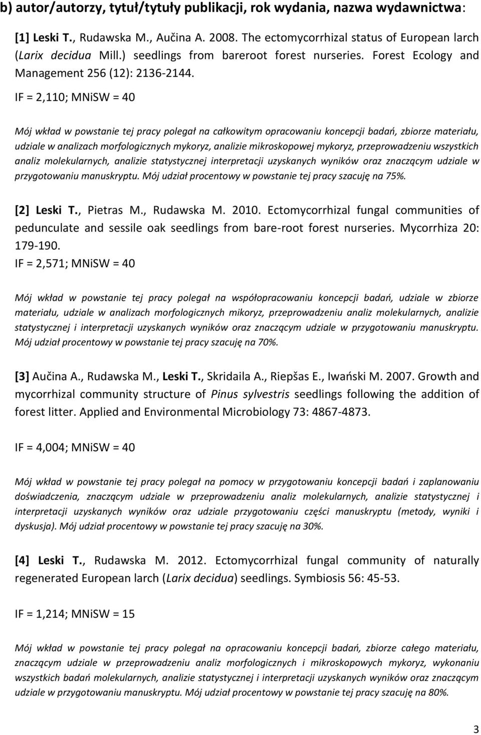 IF = 2,110; MNiSW = 40 Mój wkład w powstanie tej pracy polegał na całkowitym opracowaniu koncepcji badań, zbiorze materiału, udziale w analizach morfologicznych mykoryz, analizie mikroskopowej