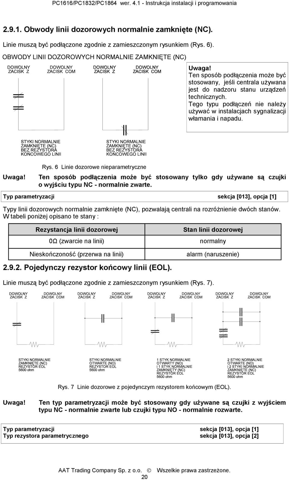 6 Linie dozorowe nieparametryczne Ten sposób podłączenia może być stosowany tylko gdy używane są czujki o wyjściu typu NC - normalnie zwarte.