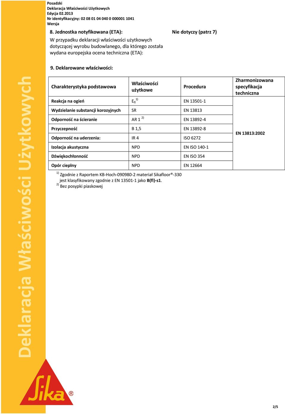 Deklarowane właściwości: Charakterystyka podstawowa Reakcja na ogień E fl 1) Właściwości użytkowe Procedura EN 13501 1 Wydzielanie substancji korozyjnych SR EN 13813 Odporność na ścieranie AR 1 2) EN