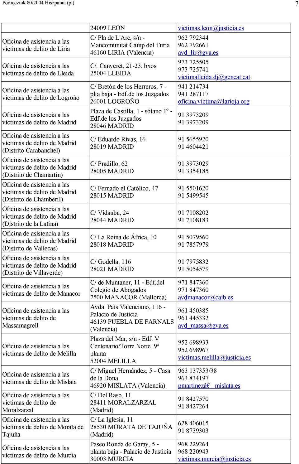 es C/ Pla de L'Arc, s/n - Mancomunitat Camp del Turia 46160 LIRIA (Valencia) C/. Canyeret, 21-23, bxos 25004 LLEIDA C/ Bretón de los Herreros, 7 - plta baja - Edf.
