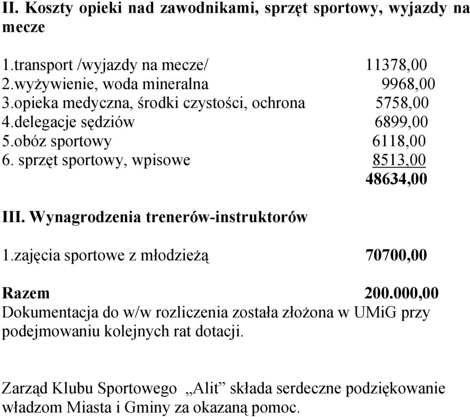 sprzęt sportowy, wpisowe 8513,00 48634,00 III. Wynagrodzenia trenerów-instruktorów 1.zajęcia sportowe z młodzieżą 70700,00 Razem 200.