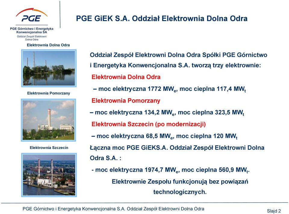 tworzą trzy elektrownie: Elektrownia Dolna Odra Elektrownia Pomorzany moc elektryczna 1772 MW e, moc cieplna 117,4 MW t Elektrownia Pomorzany moc elektryczna 134,2