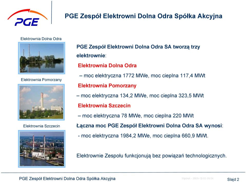 MWt Elektrownia Szczecin moc elektryczna 78 MWe, moc cieplna 220 MWt Elektrownia Szczecin Łączna moc PGE Zespół Elektrowni