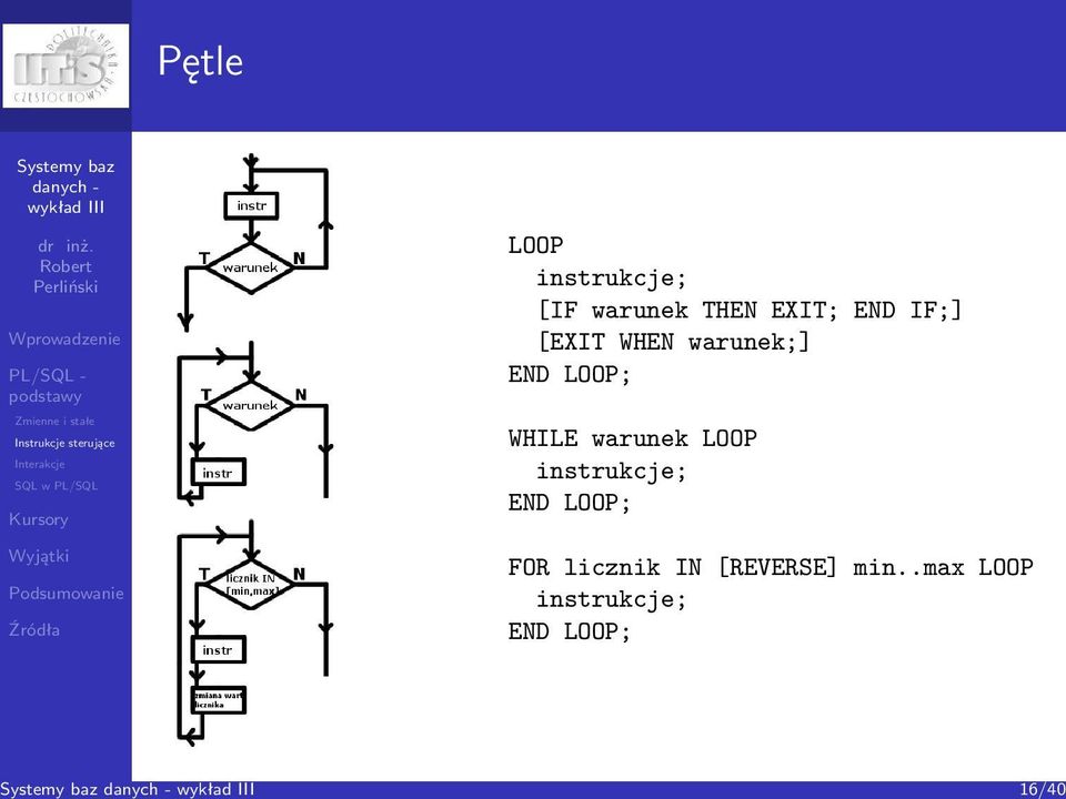 WHILE warunek LOOP instrukcje; END LOOP; FOR