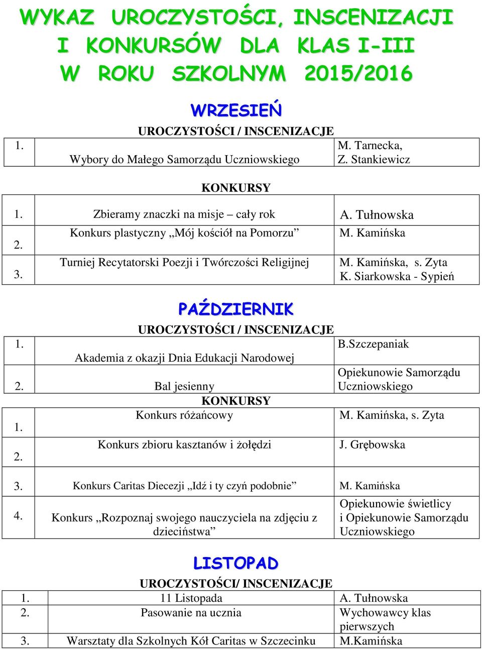 Szczepaniak Akademia z okazji Dnia Edukacji Narodowej Bal jesienny Konkurs różańcowy M. Kamińska, s. Zyta Konkurs zbioru kasztanów i żołędzi J.
