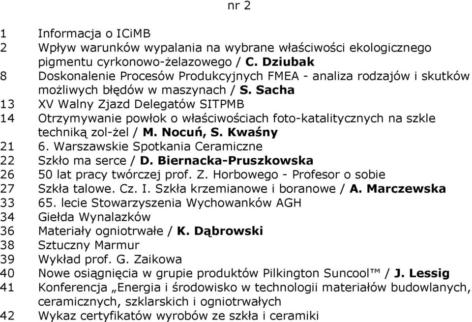 Sacha 13 XV Walny Zjazd Delegatów SITPMB 14 Otrzymywanie powłok o właściwościach foto-katalitycznych na szkle techniką zol-żel / M. Nocuń, S. Kwaśny 21 6.