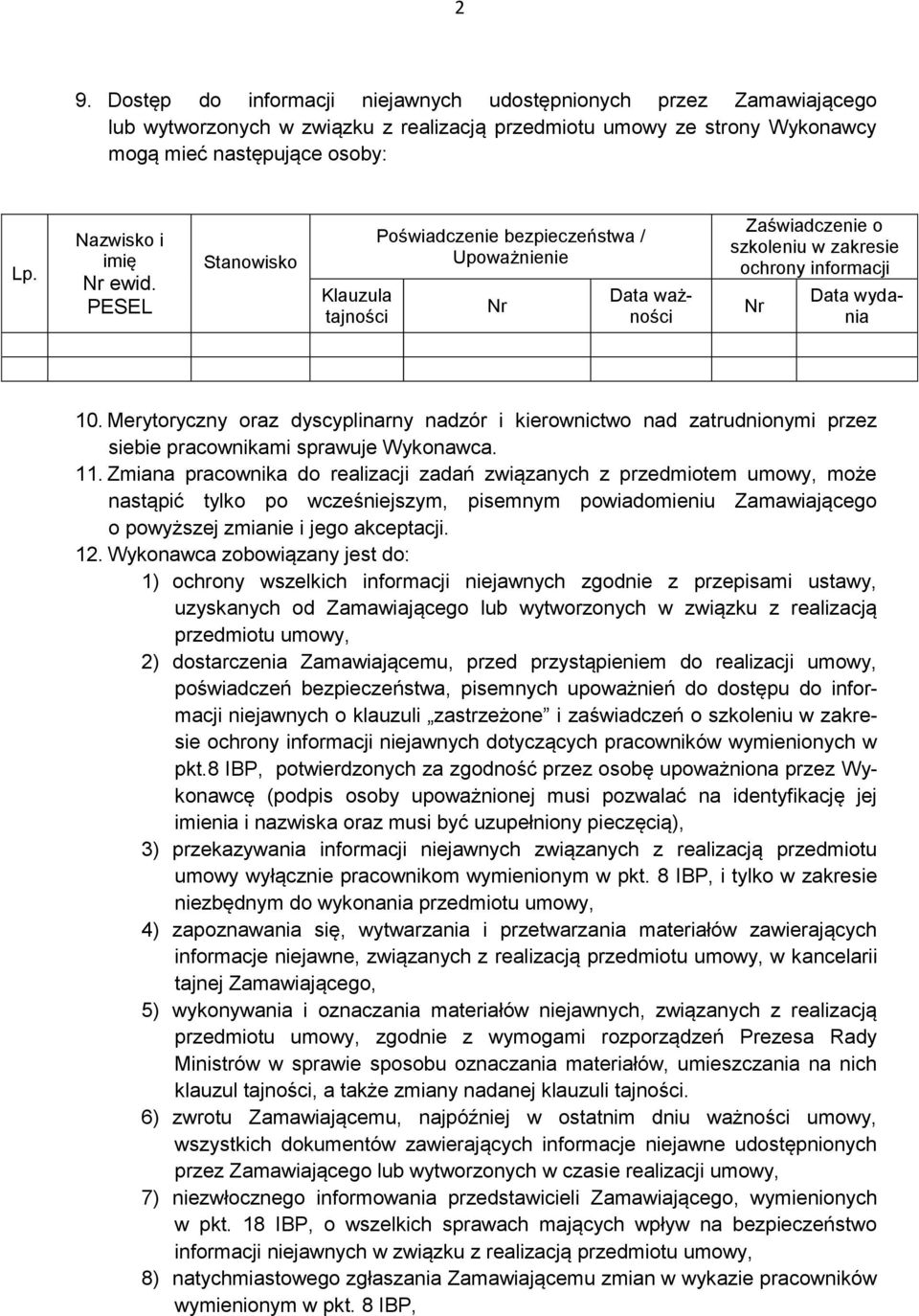 Merytoryczny oraz dyscyplinarny nadzór i kierownictwo nad zatrudnionymi przez siebie pracownikami sprawuje Wykonawca. 11.