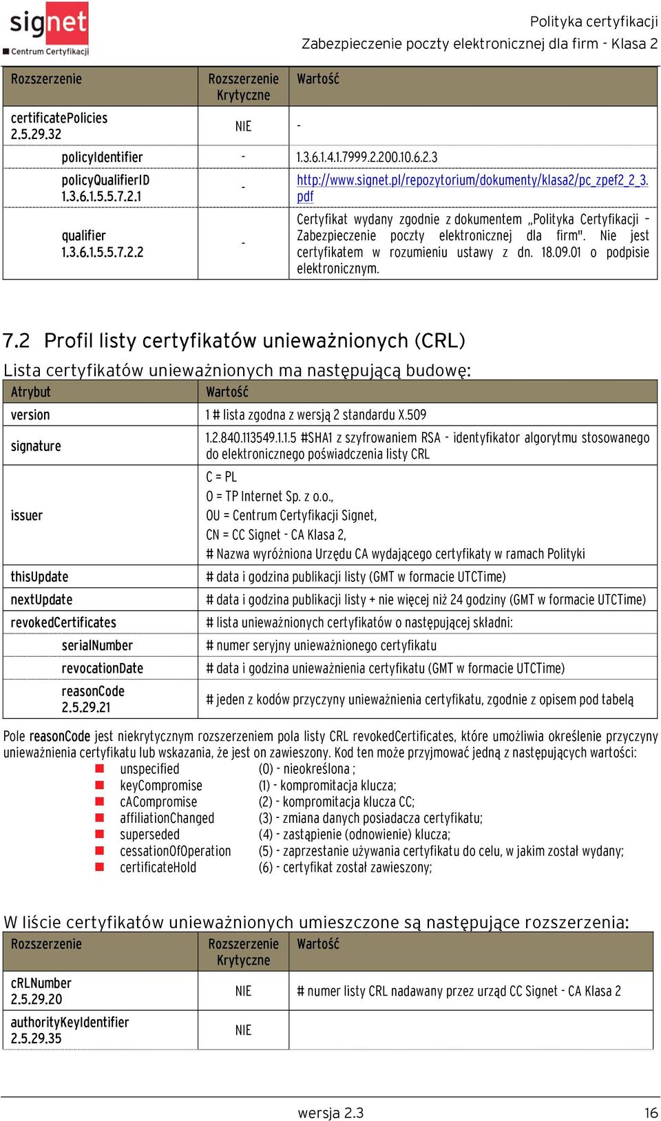 Nie jest certyfikatem w rozumieniu ustawy z dn. 18.09.01 o podpisie elektronicznym. 7.