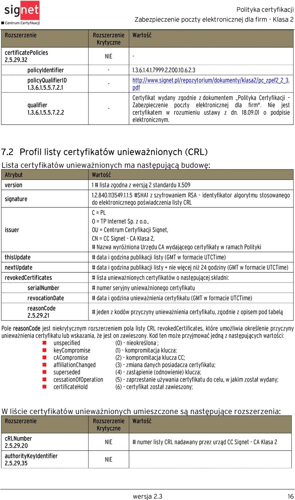 Nie jest certyfikatem w rozumieniu ustawy z dn. 18.09.01 o podpisie elektronicznym. 7.