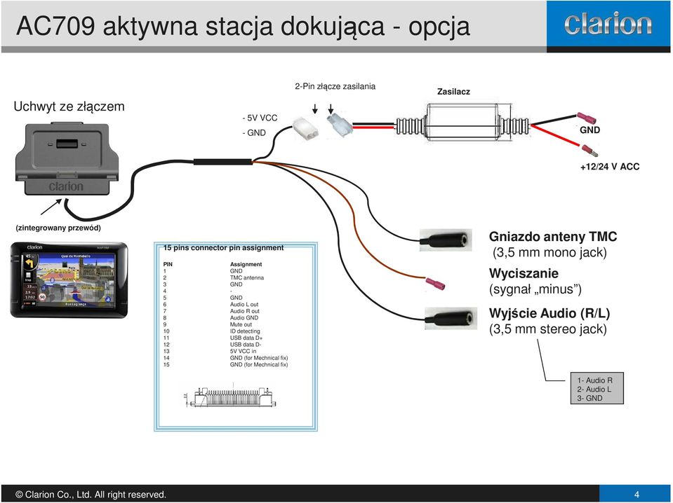 out 8 Audio GND 9 Mute out 10 ID detecting 11 USB data D+ 12 USB data D- 13 5V VCC in 14 GND (for Mechnical fix) 15 GND (for