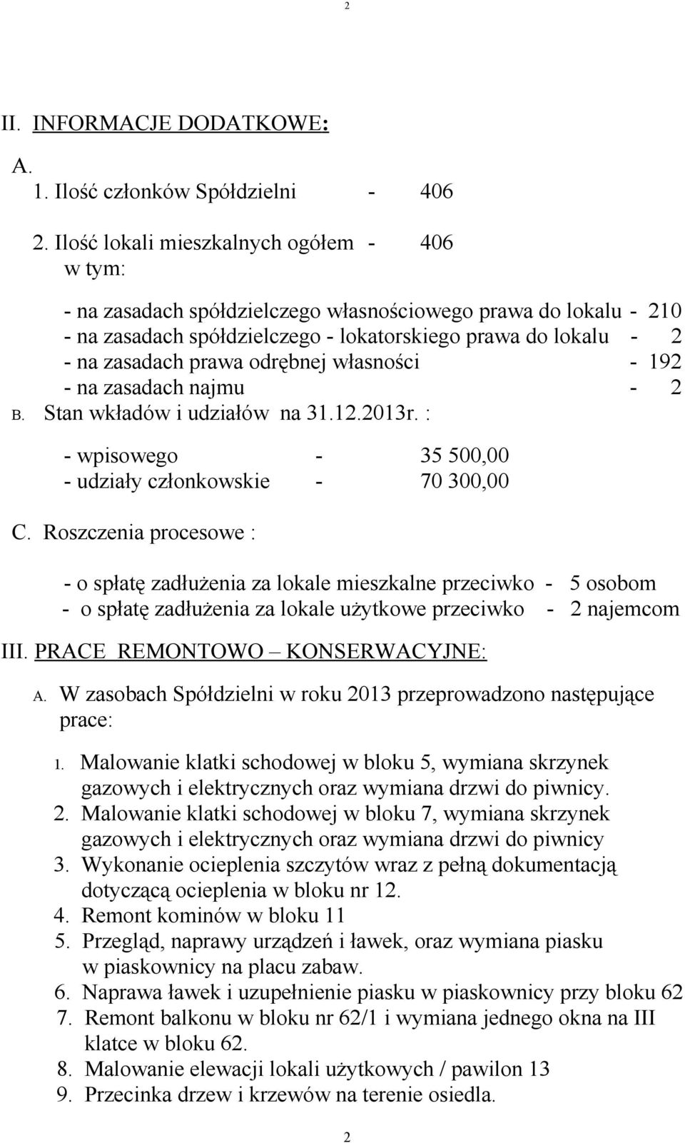 własności - 192 - na zasadach najmu - 2 B. Stan wkładów i udziałów na 31.12.2013r. : - wpisowego - 35 500,00 - udziały członkowskie - 70 300,00 C.