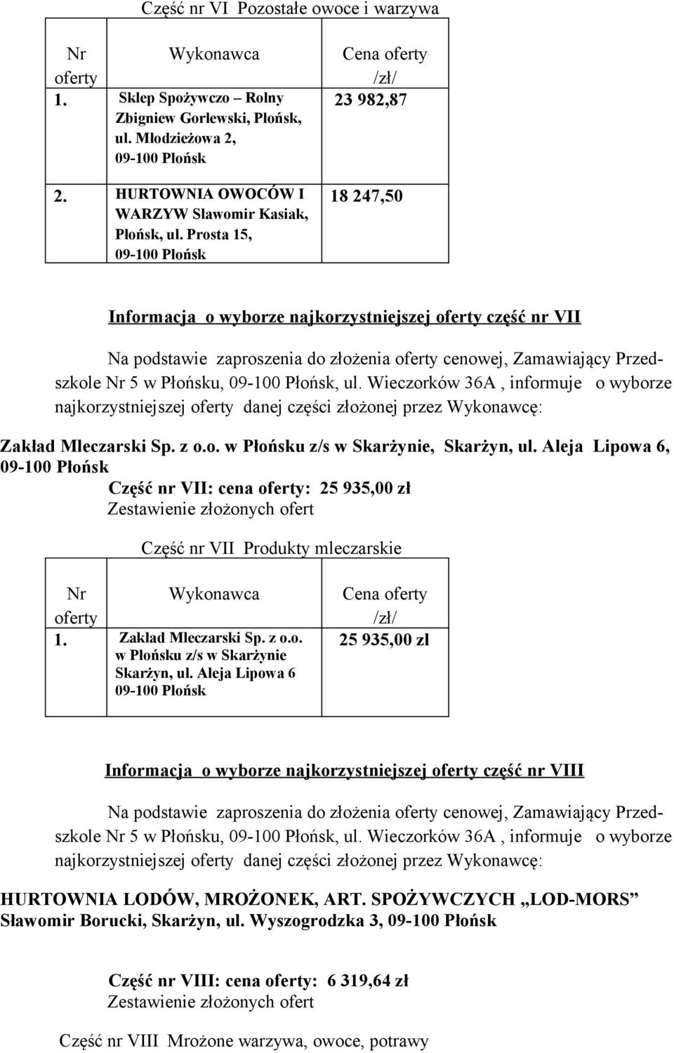 przez Wykonawcę: Zakład Mleczarski Sp. z o.o. w Płońsku z/s w Skarżynie, Skarżyn, ul. Aleja Lipowa 6, Część nr VII: cena : 25 935,00 zł Część nr VII Produkty mleczarskie 1. Zakład Mleczarski Sp. z o.o. w Płońsku z/s w Skarżynie Skarżyn, ul.
