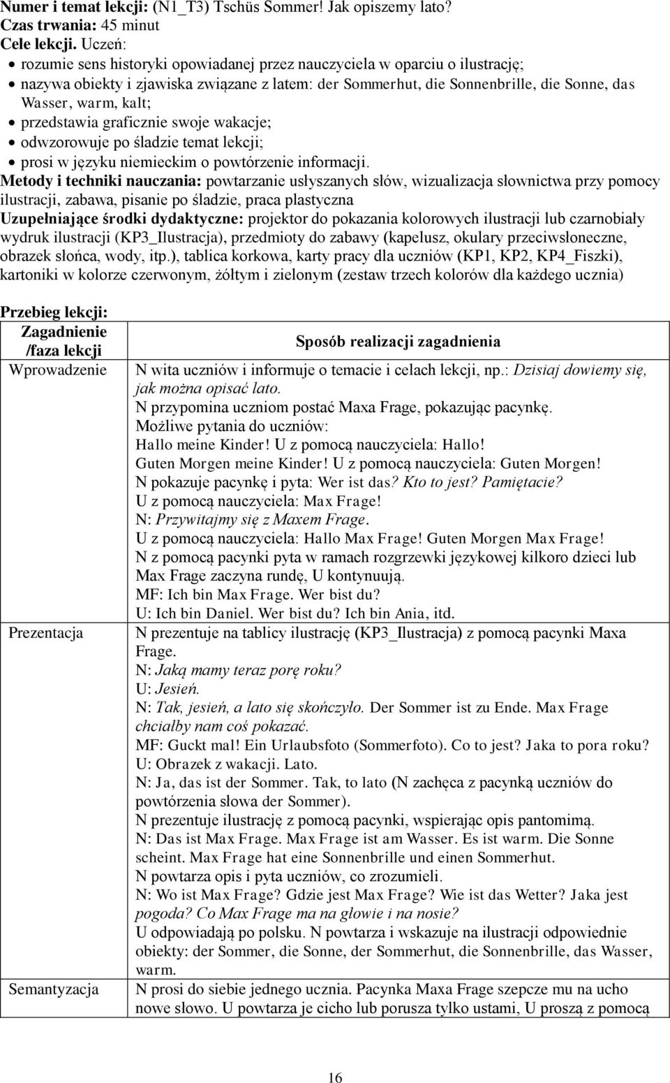 przedstawia graficznie swoje wakacje; odwzorowuje po śladzie temat lekcji; prosi w języku niemieckim o powtórzenie informacji.