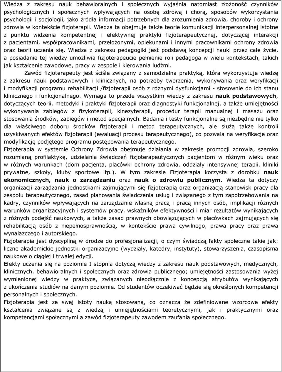 Wiedza ta obejmuje także teorie komunikacji interpersonalnej istotne z punktu widzenia kompetentnej i efektywnej praktyki fizjoterapeutycznej, dotyczącej interakcji z pacjentami, współpracownikami,