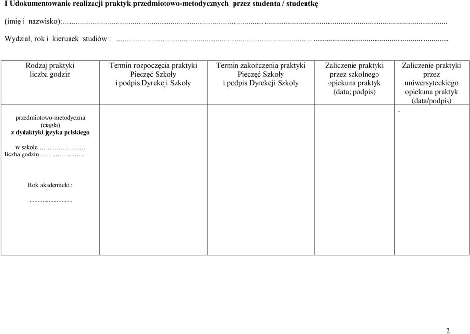 i podpis Dyrekcji Szkoły Termin zakończenia praktyki Pieczęć Szkoły i podpis Dyrekcji Szkoły Zaliczenie praktyki przez szkolnego opiekuna