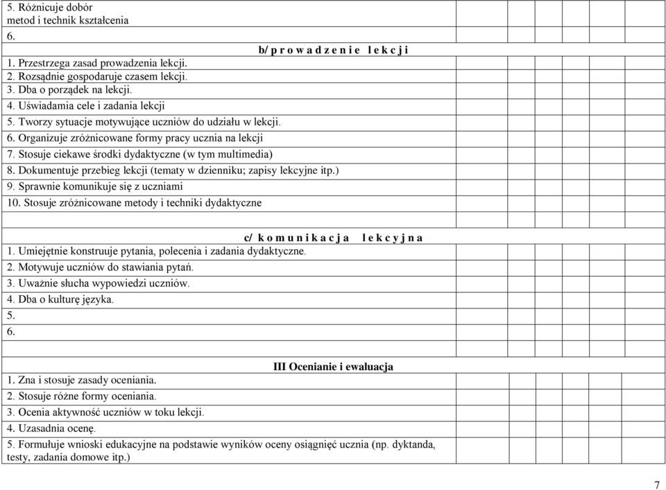Stosuje ciekawe środki dydaktyczne (w tym multimedia) 8. Dokumentuje przebieg lekcji (tematy w dzienniku; zapisy lekcyjne itp.) 9. Sprawnie komunikuje się z uczniami 10.