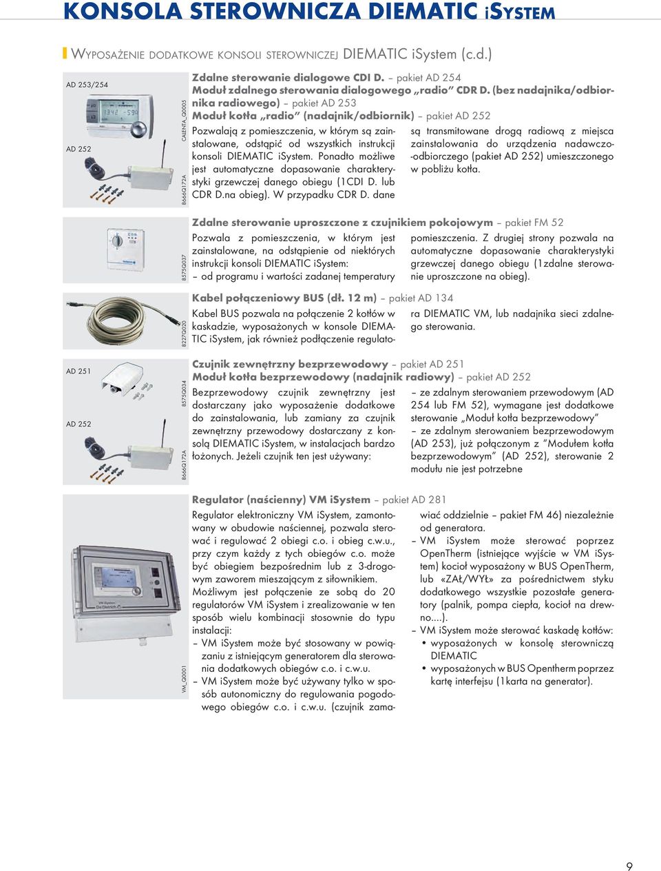 (bez nadajnika/odbiornika radiowego) pakiet AD 5 Moduł kotła radio (nadajnik/odbiornik) pakiet AD 5 Pozwalają z pomieszczenia, w którym są zainstalowane, odstąpić od wszystkich instrukcji konsoli