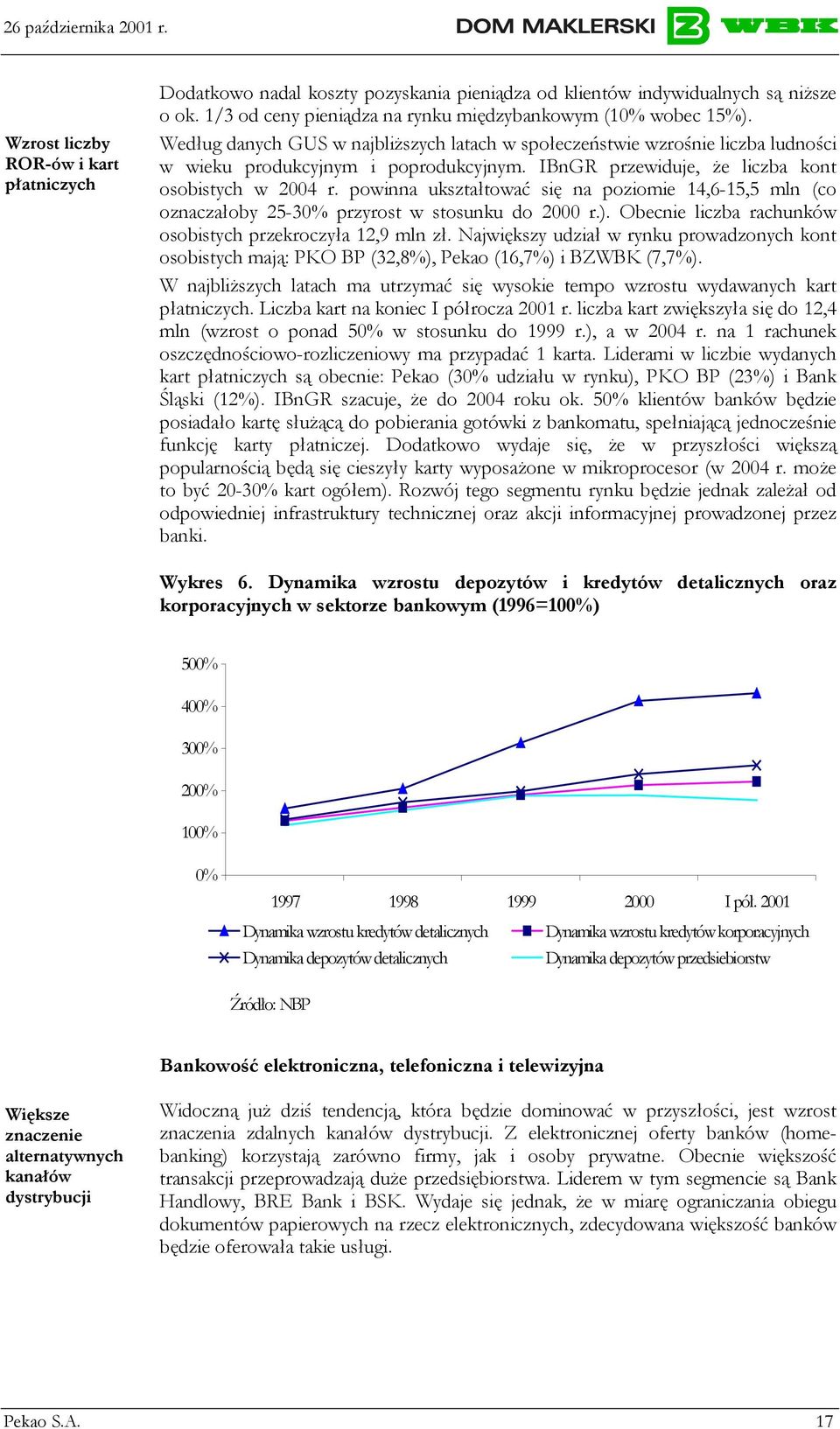 powinna ukształtować się na poziomie 14,6-15,5 mln (co oznaczałoby 25-30% przyrost w stosunku do 2000 r.). Obecnie liczba rachunków osobistych przekroczyła 12,9 mln zł.