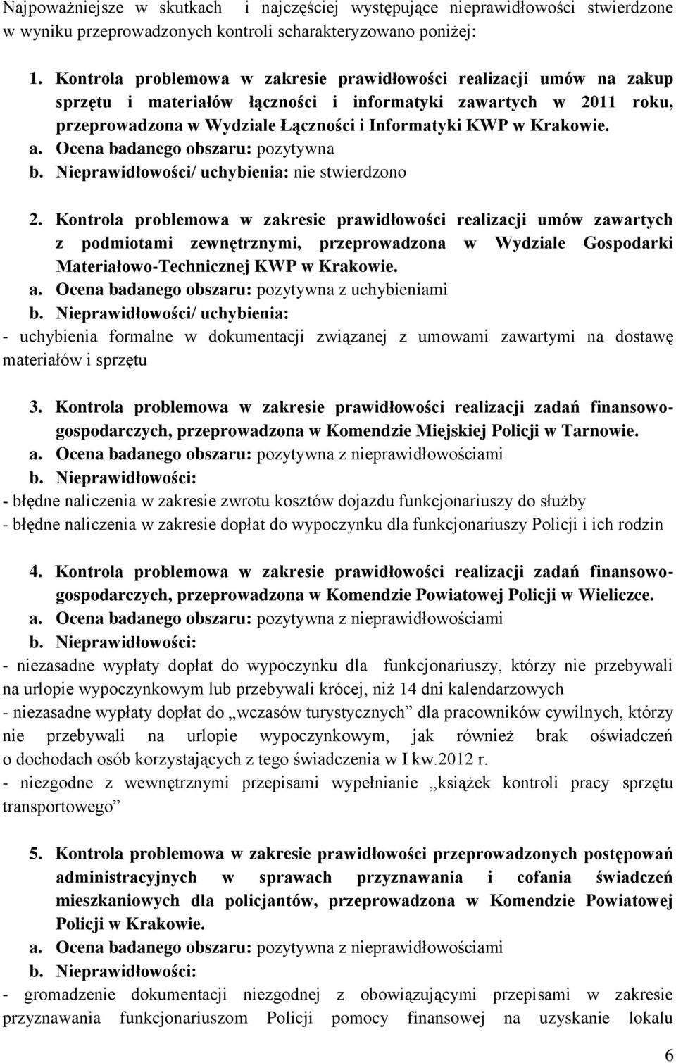 Krakowie. a. Ocena badanego obszaru: pozytywna b. Nieprawidłowości/ uchybienia: nie stwierdzono 2.