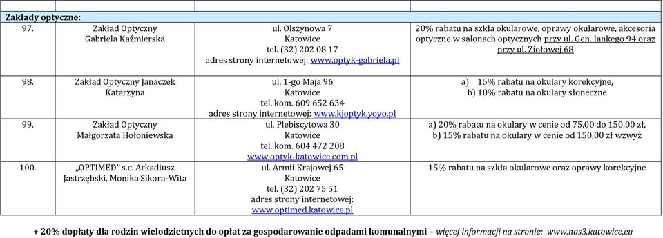 (32) 202 75 51 www.optimed.katowice.pl 20% rabatu na szkła okularowe, oprawy okularowe, akcesoria optyczne w salonach optycznych przy ul. Gen. Jankego 94 oraz przy ul.