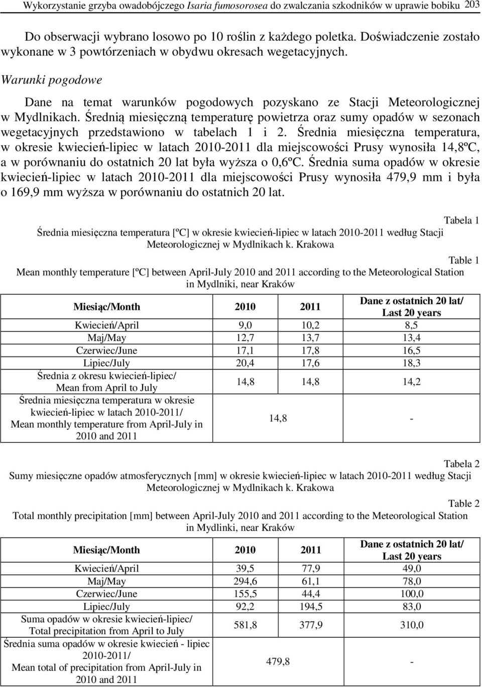 Średnią miesięczną temperaturę powietrza oraz sumy opadów w sezonach wegetacyjnych przedstawiono w tabelach 1 i 2.