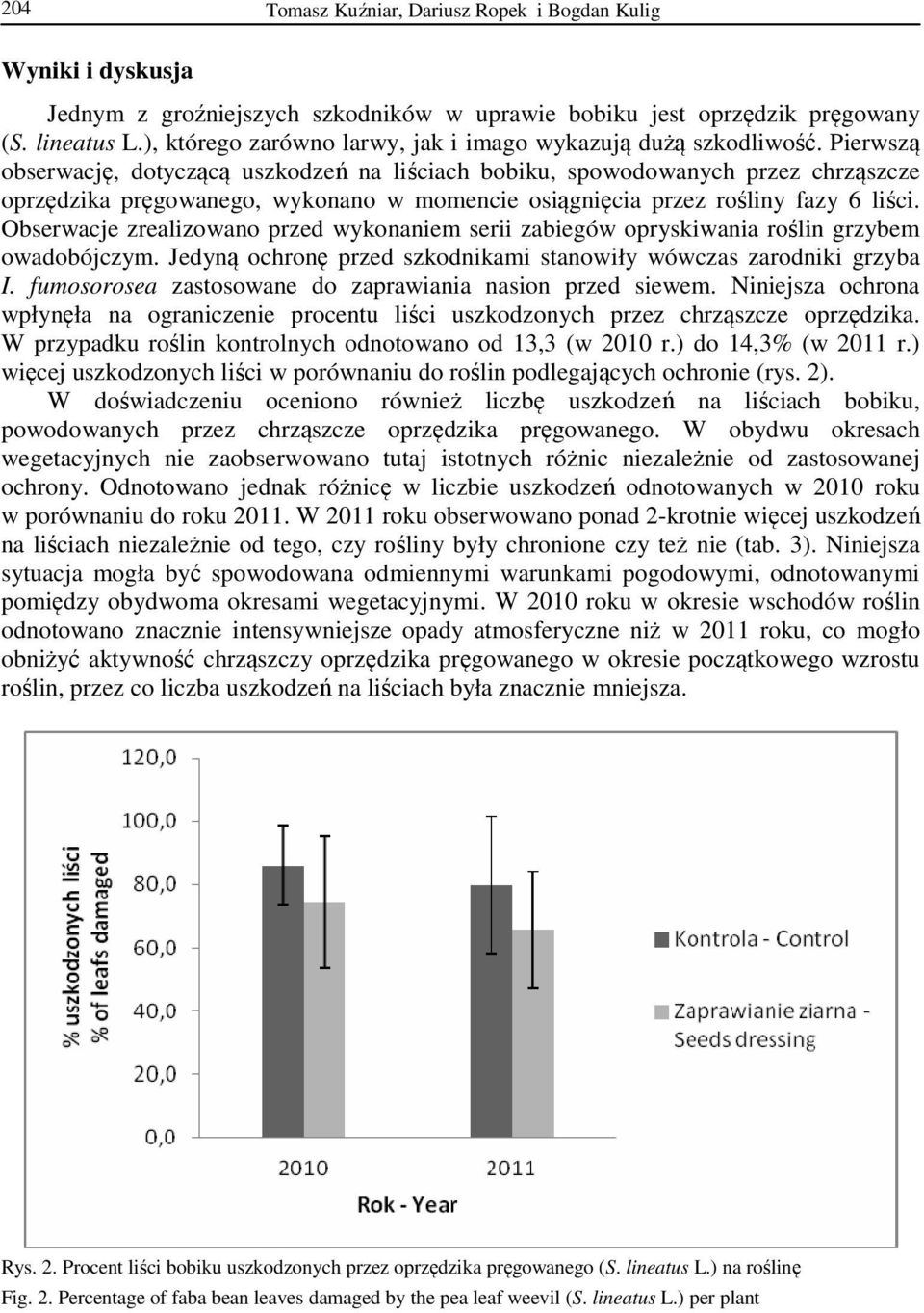 Pierwszą obserwację, dotyczącą uszkodzeń na liściach bobiku, spowodowanych przez chrząszcze oprzędzika pręgowanego, wykonano w momencie osiągnięcia przez rośliny fazy 6 liści.