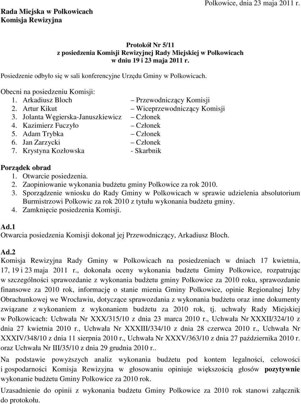 Jolanta Węgierska-Januszkiewicz Członek 4. Kazimierz Fuczyło Członek 5. Adam Trybka Członek 6. Jan Zarzycki Członek 7. Krystyna Kozłowska - Skarbnik Porządek obrad 1. Otwarcie posiedzenia. 2.