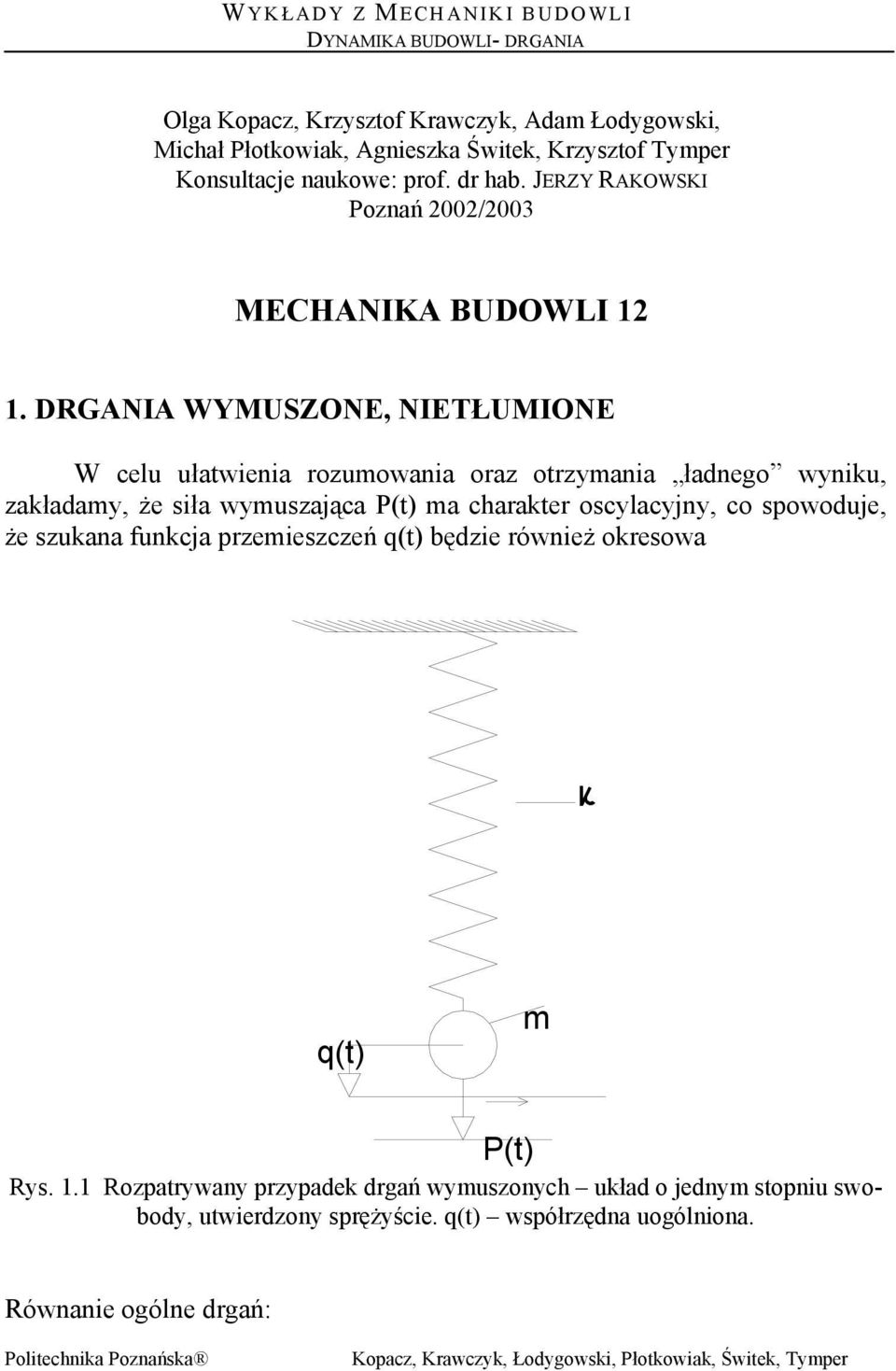 DRGANIA WYMUSZONE, NIETŁUMIONE W celu ułatwienia ozuowania oaz otzyania ładnego wyniku, zakładay, że siła wyuszaąca P( a chaakte